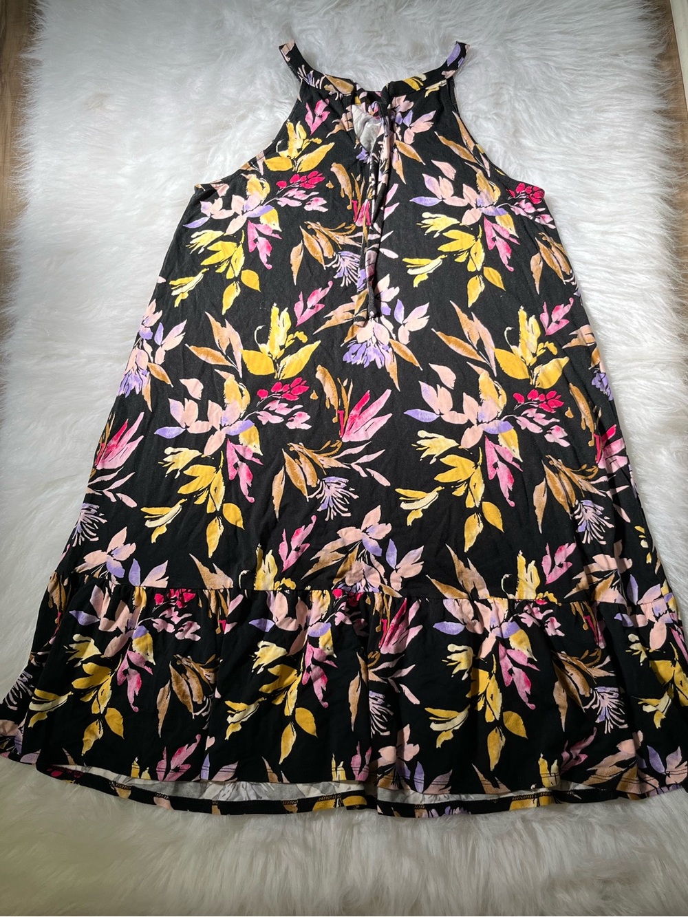 Time and Tru Black Halter Floral Mini Dress with Pink & Yellow Flowers - Picture 3 of 8